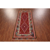Vegetable Dye Kilim Qashqai Persian Vintage Flatweave Red Wool Carpet - 4'2" X 9'5"