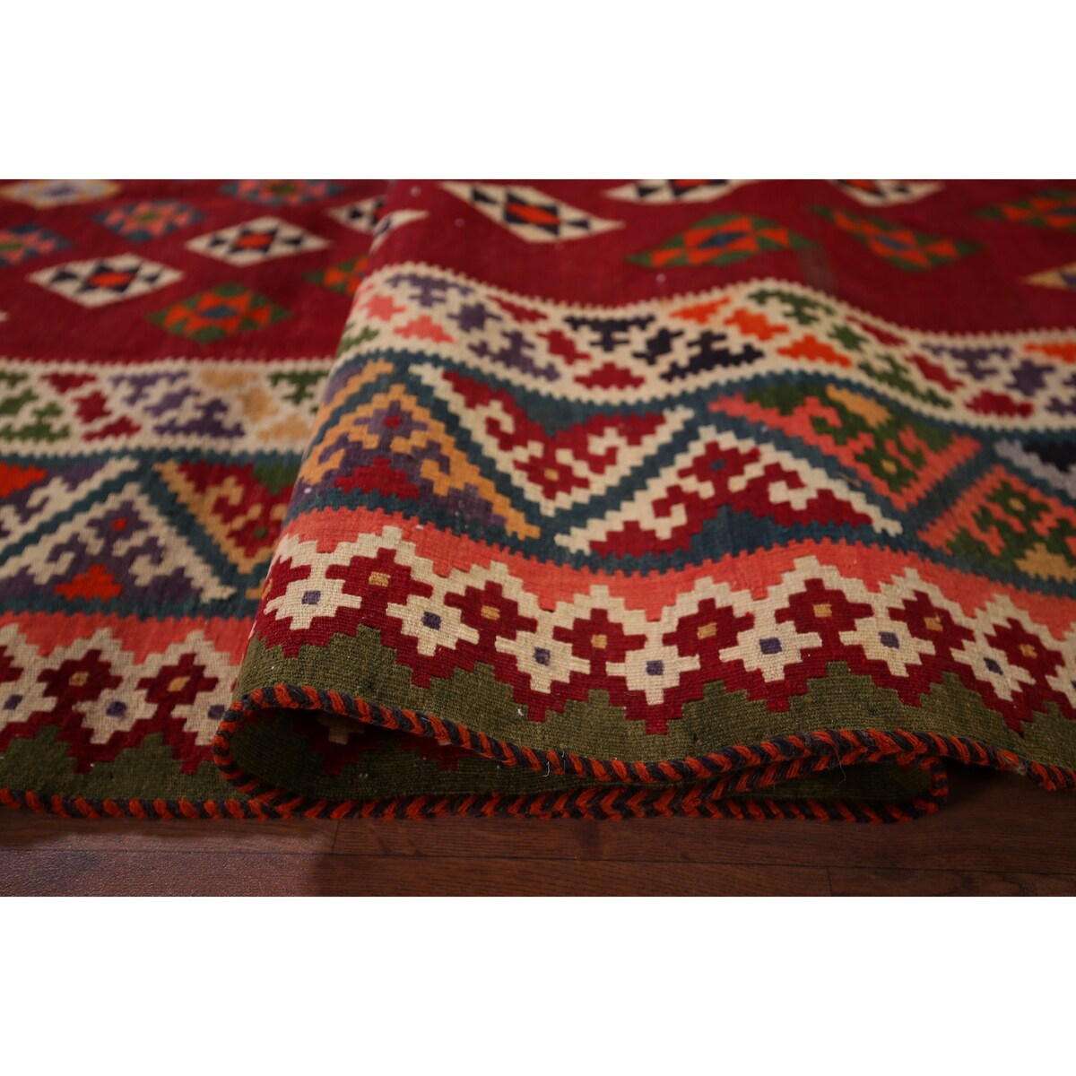 Vegetable Dye Kilim Qashqai Persian Vintage Flatweave Red Wool Carpet - 4'2" X 9'5"