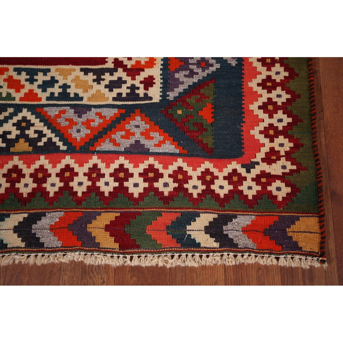 Vegetable Dye Kilim Qashqai Persian Vintage Flatweave Red Wool Carpet - 4'2" X 9'5"