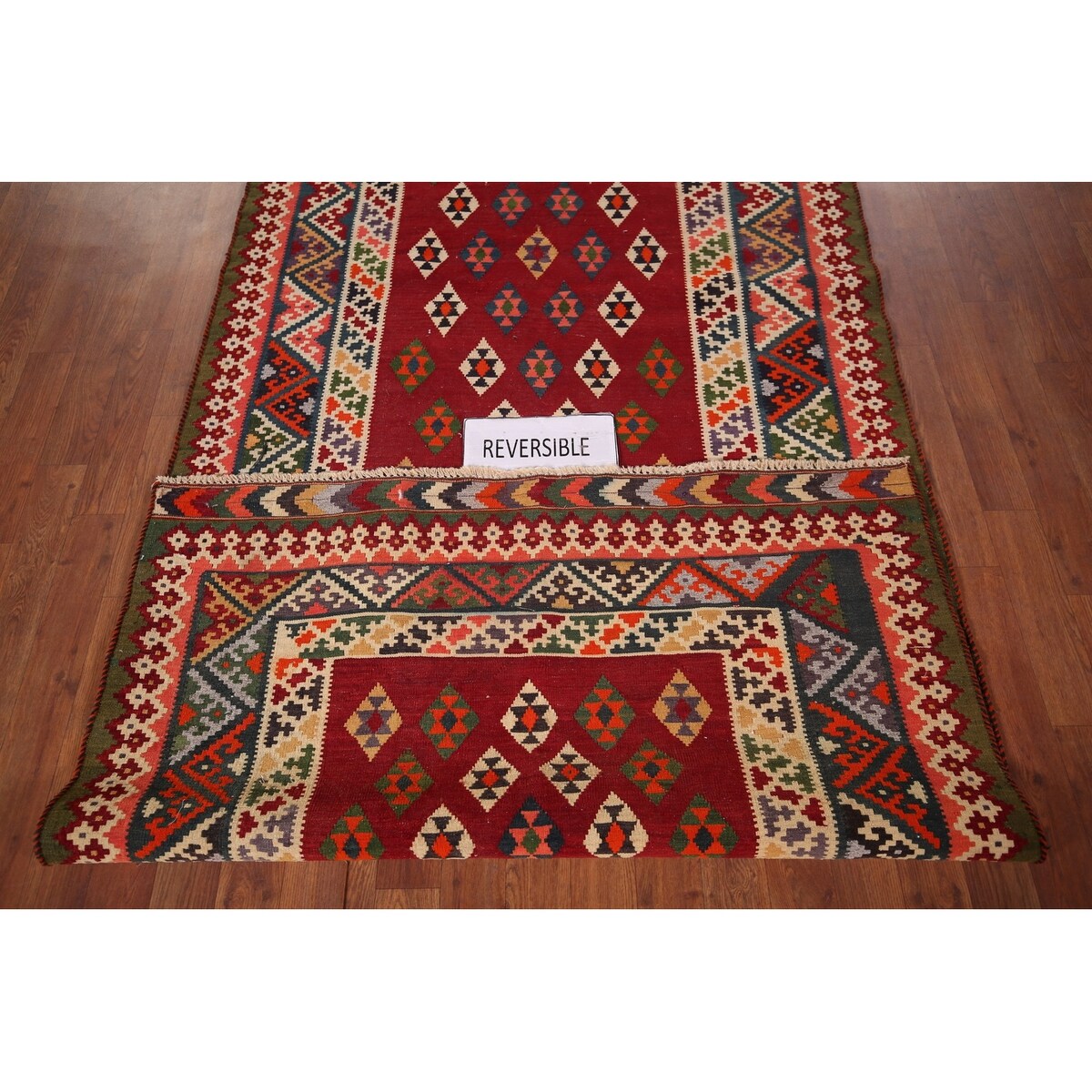 Vegetable Dye Kilim Qashqai Persian Vintage Flatweave Red Wool Carpet - 4'2" X 9'5"