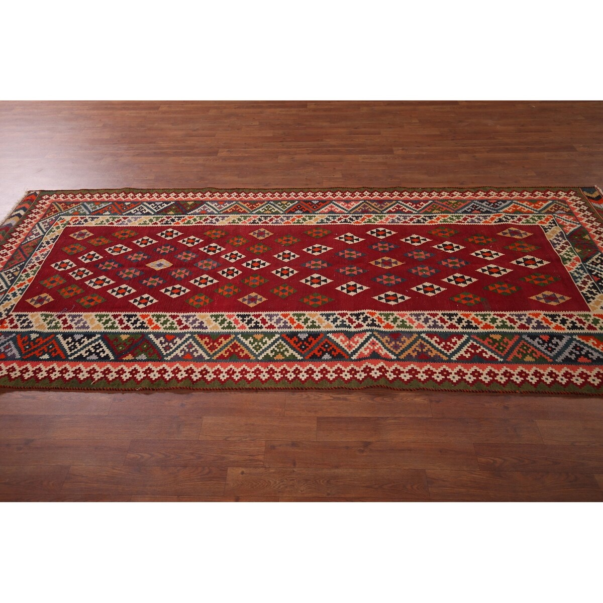Vegetable Dye Kilim Qashqai Persian Vintage Flatweave Red Wool Carpet - 4'2" X 9'5"
