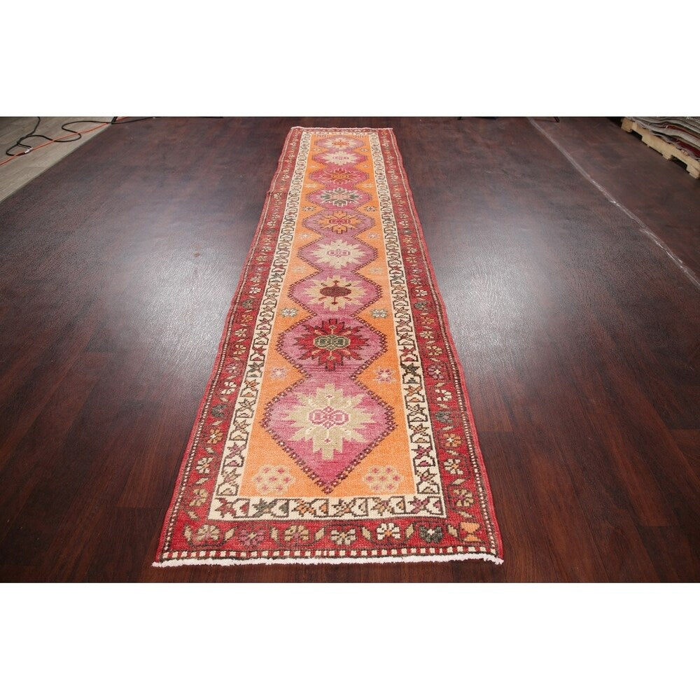 Vegetable Dye Oushak Oriental Hand Knotted Wool Turkish Rug - 11'11" x 2'10" Runner