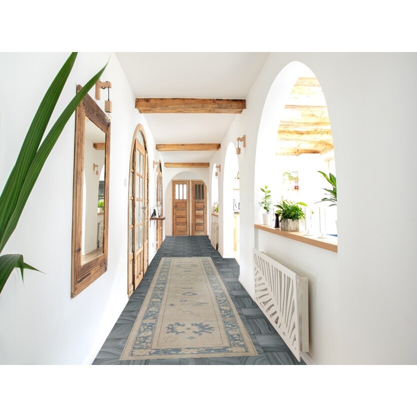 Vegetable Dye Oushak Turkish Runner Rug Hallway Handmade Wool Carpet - 2'7" x 13'2"