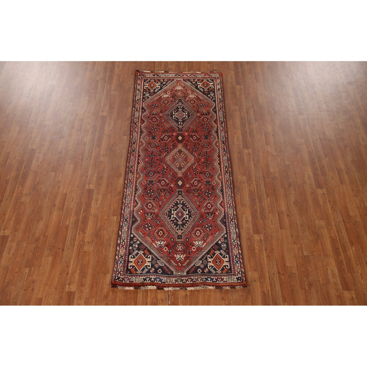 Vegetable Dye Shiraz Persian Vintage Runner Rug Handmade Wool Carpet - 3'6"x 8'11"