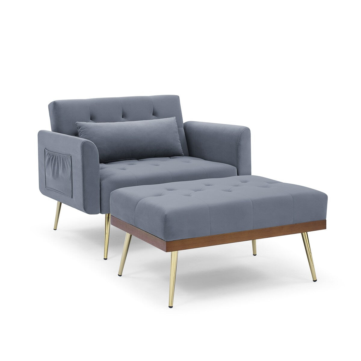 Velvet Accent Chair Recline Sofa Chair with Ottoman, 2 Arm Pocket & 1 Pillow