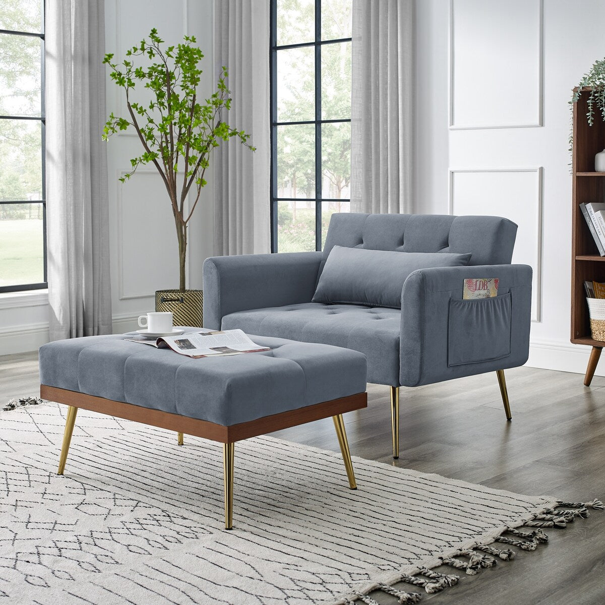 Velvet Accent Chair Recline Sofa Chair with Ottoman, 2 Arm Pocket & 1 Pillow