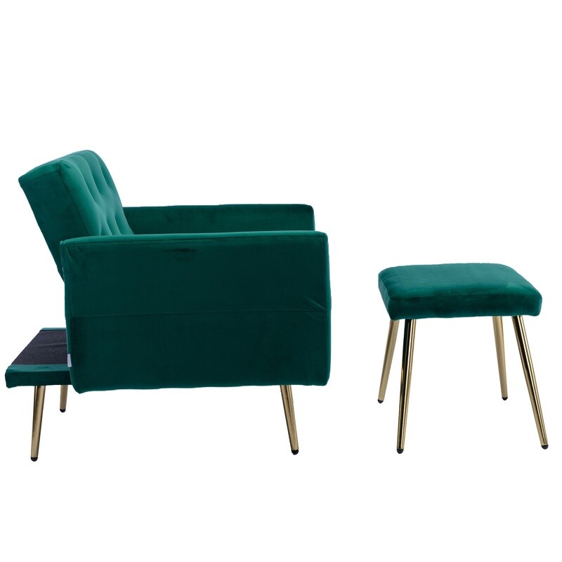 Velvet Accent Chair with Adjustable Armrests, Single Recliner Armchair with Ottoman, Button Tufted Lounge Chair, Green