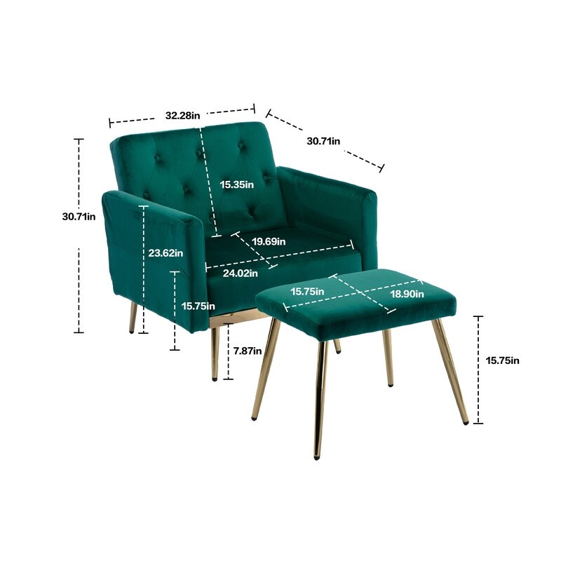 Velvet Accent Chair with Adjustable Armrests, Single Recliner Armchair with Ottoman, Button Tufted Lounge Chair, Green