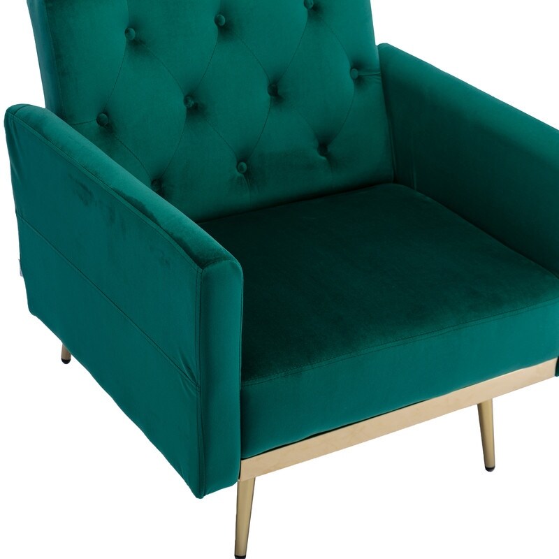 Velvet Accent Chair with Adjustable Armrests, Single Recliner Armchair with Ottoman, Button Tufted Lounge Chair, Green