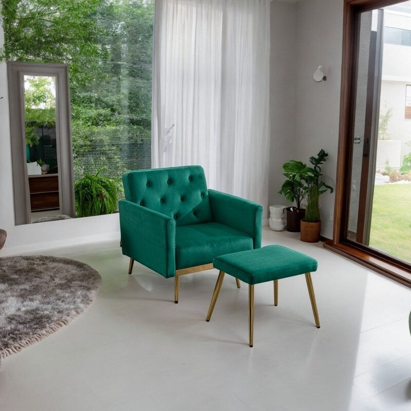 Velvet Accent Chair with Adjustable Armrests, Single Recliner Armchair with Ottoman, Button Tufted Lounge Chair, Green