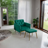 Velvet Accent Chair with Adjustable Armrests, Single Recliner Armchair with Ottoman, Button Tufted Lounge Chair, Green