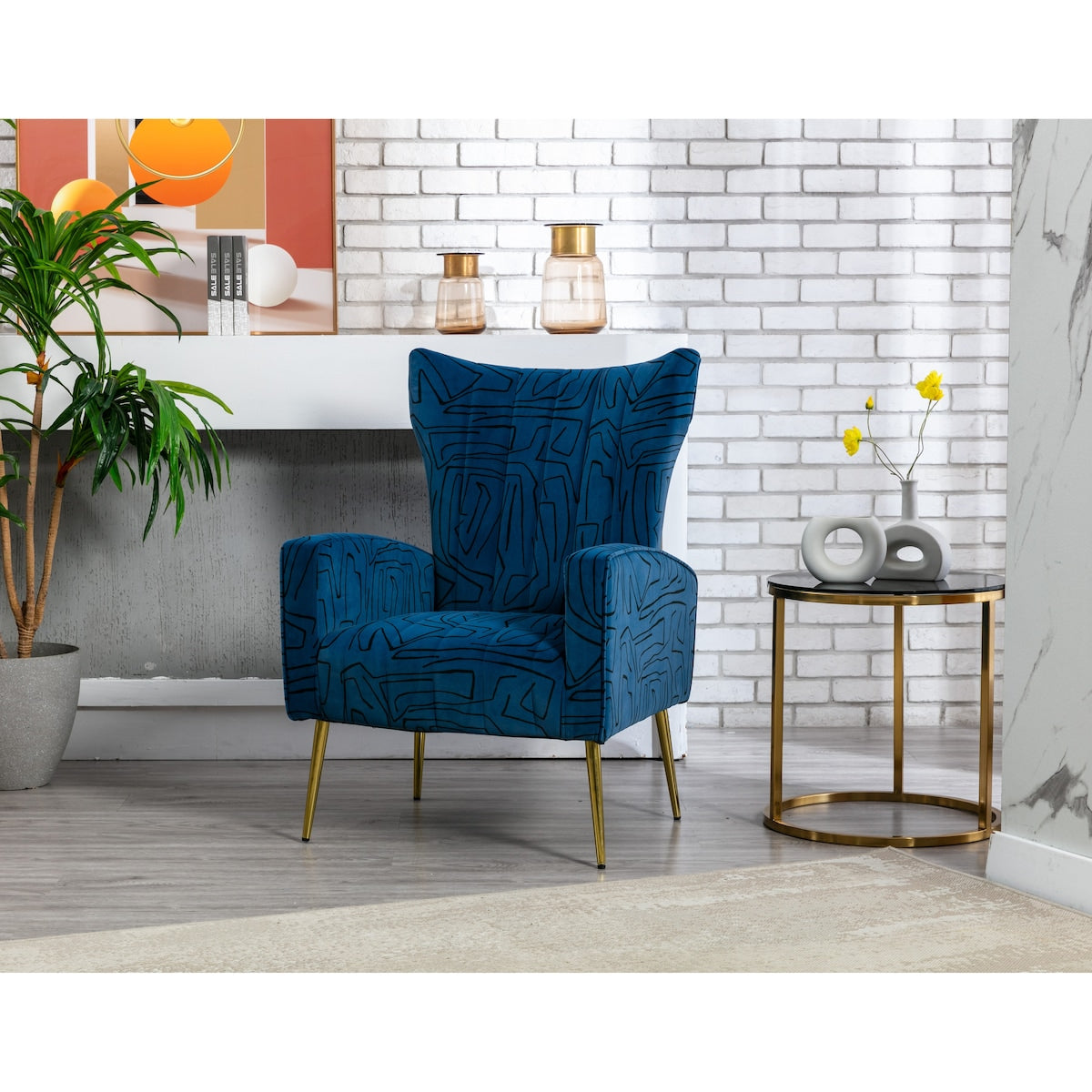 Velvet Accent Chair with Metal Gold Legs Upholstered Wingback Armchair Side Lounge Chair Leisure Single Sofa Arm Reading Chair