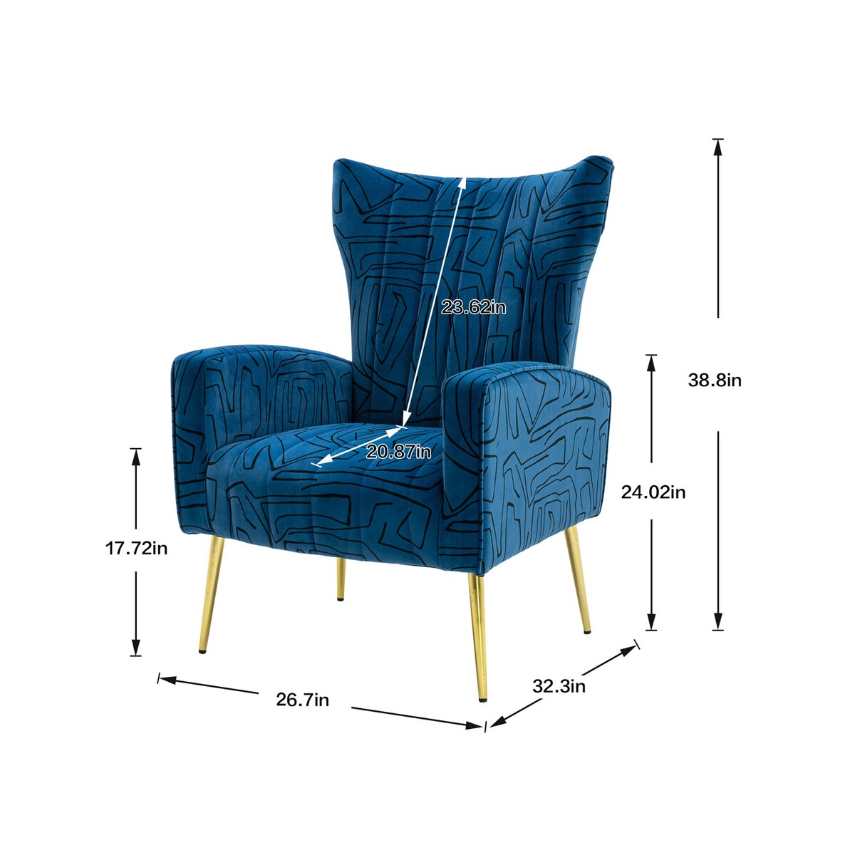 Velvet Accent Chair with Metal Gold Legs Upholstered Wingback Armchair Side Lounge Chair Leisure Single Sofa Arm Reading Chair
