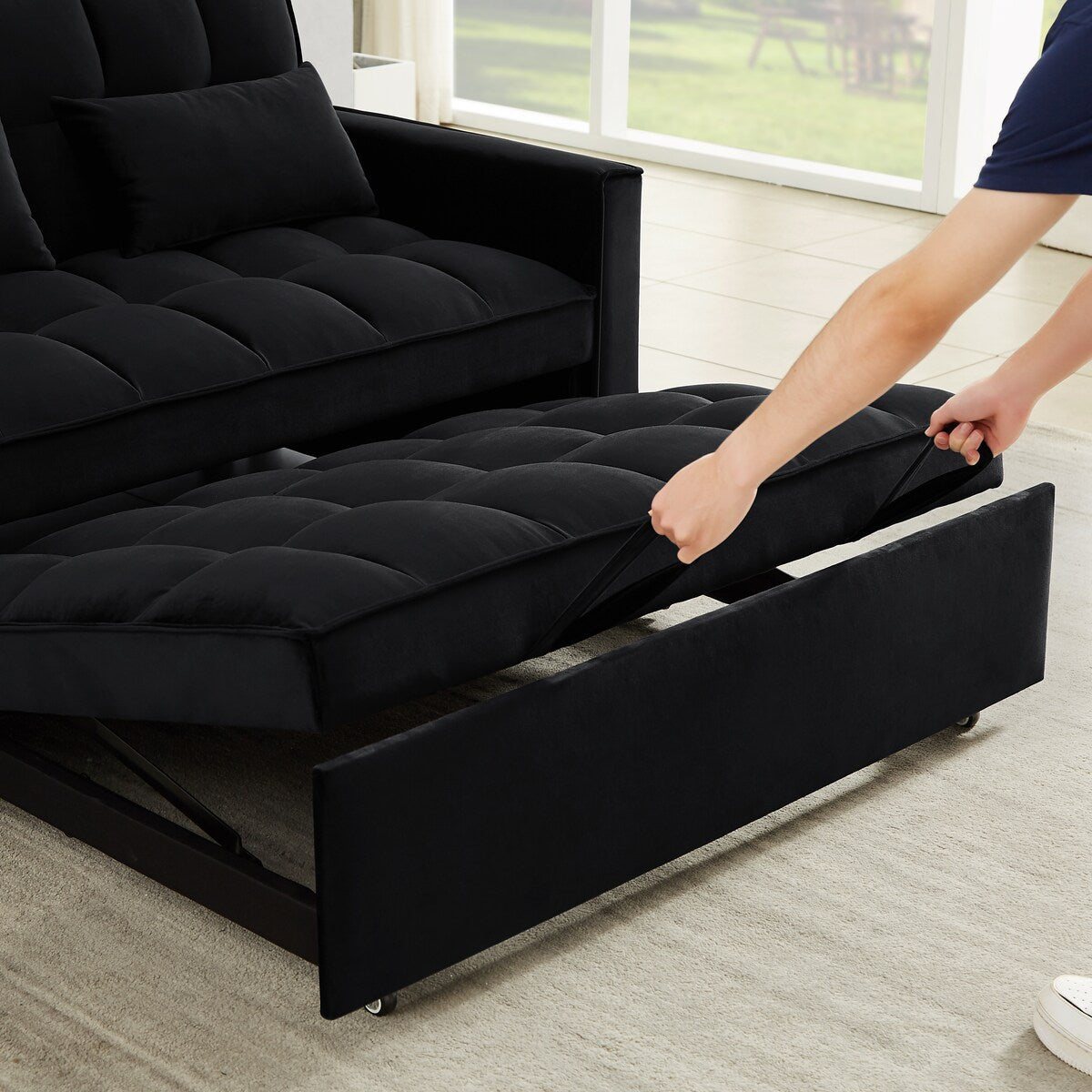 Velvet Convertible Loveseat Sleeper Sofa Couch,2 Seater Sofa With Pull-Out Bed with 2 Lumbar Pillows For Small Living Room