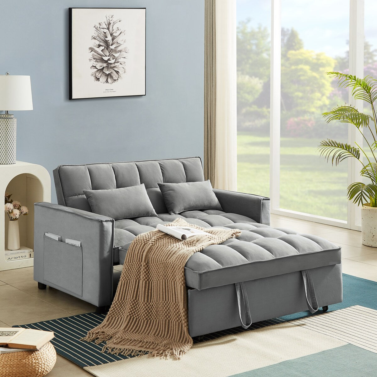 Velvet Convertible Loveseat Sleeper Sofa Couch,2 Seater Sofa With Pull-Out Bed with 2 Lumbar Pillows For Small Living Room