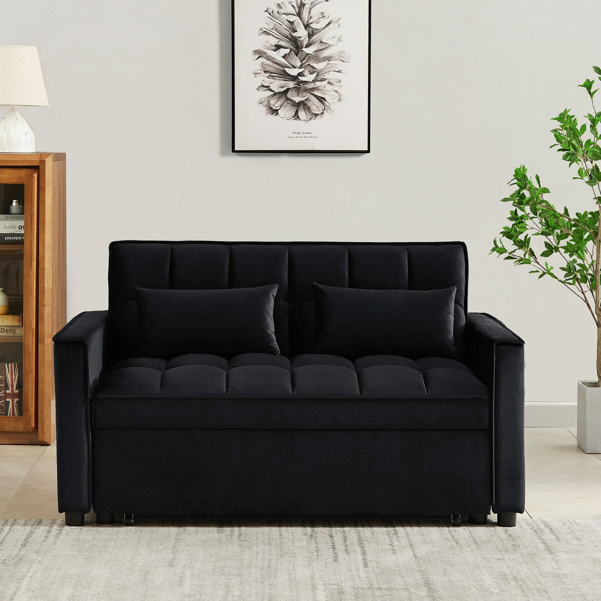 Velvet Convertible Loveseat Sleeper Sofa Couch,2 Seater Sofa With Pull-Out Bed with 2 Lumbar Pillows For Small Living Room