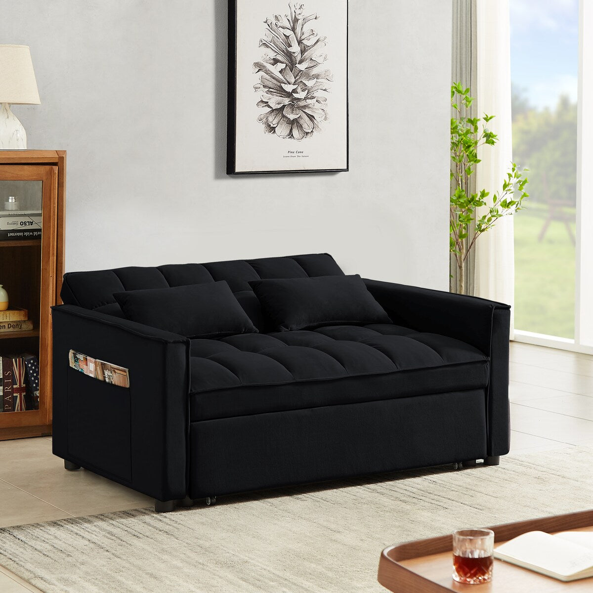 Velvet Convertible Loveseat Sleeper Sofa Couch,2 Seater Sofa With Pull-Out Bed with 2 Lumbar Pillows For Small Living Room