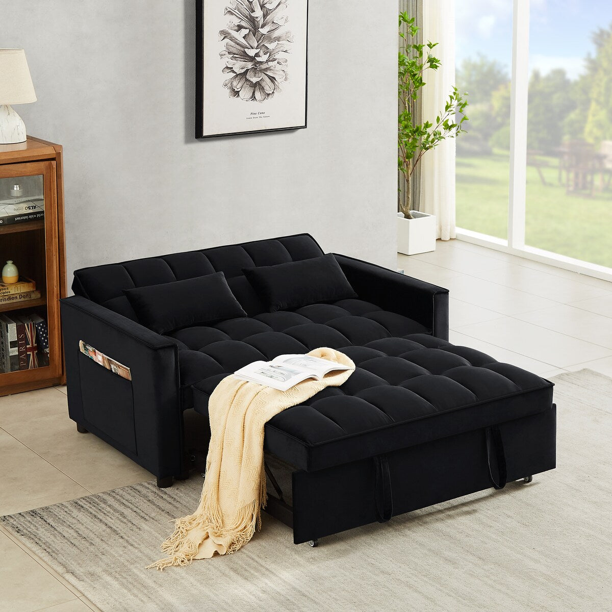 Velvet Convertible Loveseat Sleeper Sofa Couch,2 Seater Sofa With Pull-Out Bed with 2 Lumbar Pillows For Small Living Room