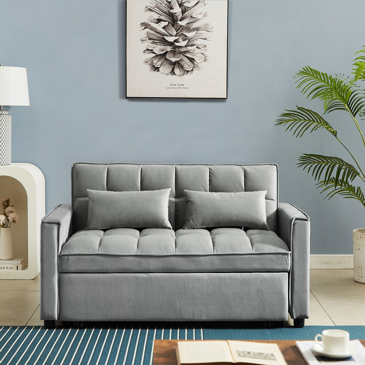 Velvet Convertible Loveseat Sleeper Sofa Couch,2 Seater Sofa With Pull-Out Bed with 2 Lumbar Pillows For Small Living Room