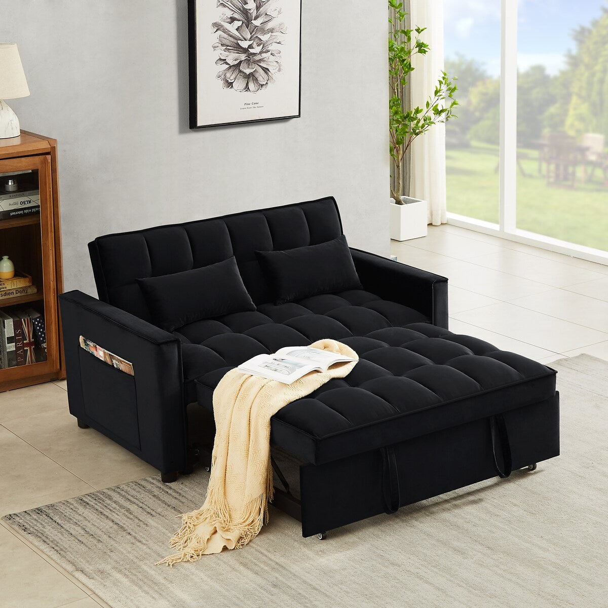 Velvet Convertible Loveseat Sleeper Sofa Couch,2 Seater Sofa With Pull-Out Bed with 2 Lumbar Pillows For Small Living Room