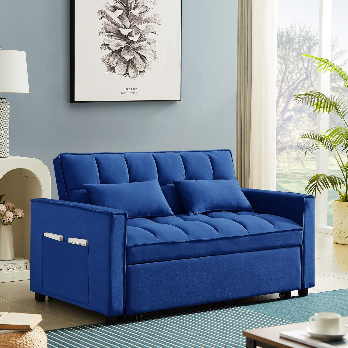 Velvet Convertible Loveseat Sleeper Sofa Couch,2 Seater Sofa With Pull-Out Bed with 2 Lumbar Pillows For Small Living Room