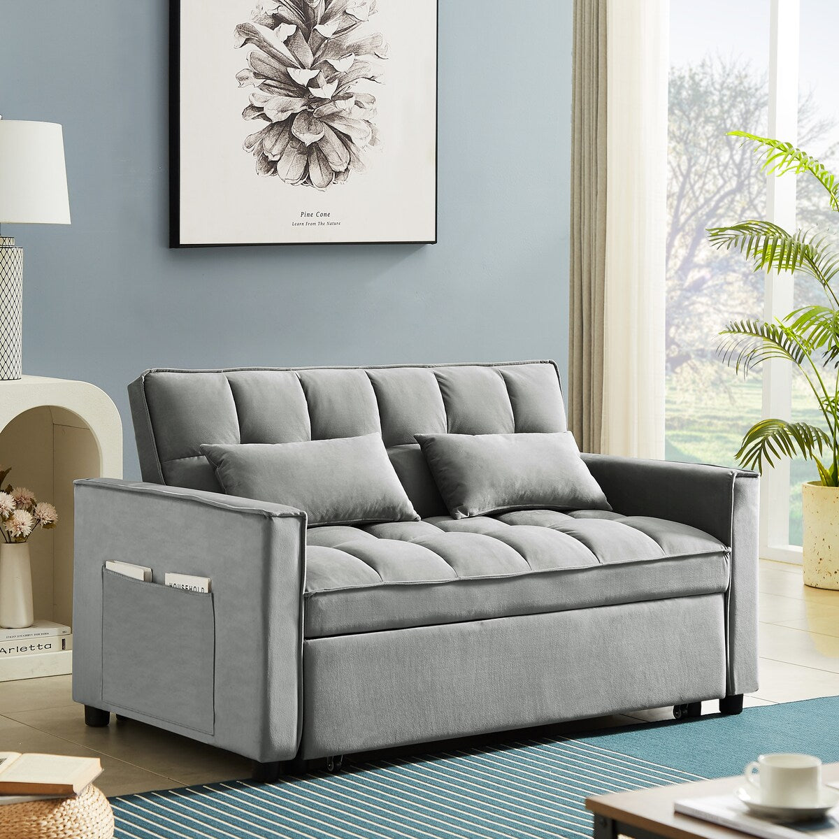 Velvet Convertible Loveseat Sleeper Sofa Couch,2 Seater Sofa With Pull-Out Bed with 2 Lumbar Pillows For Small Living Room