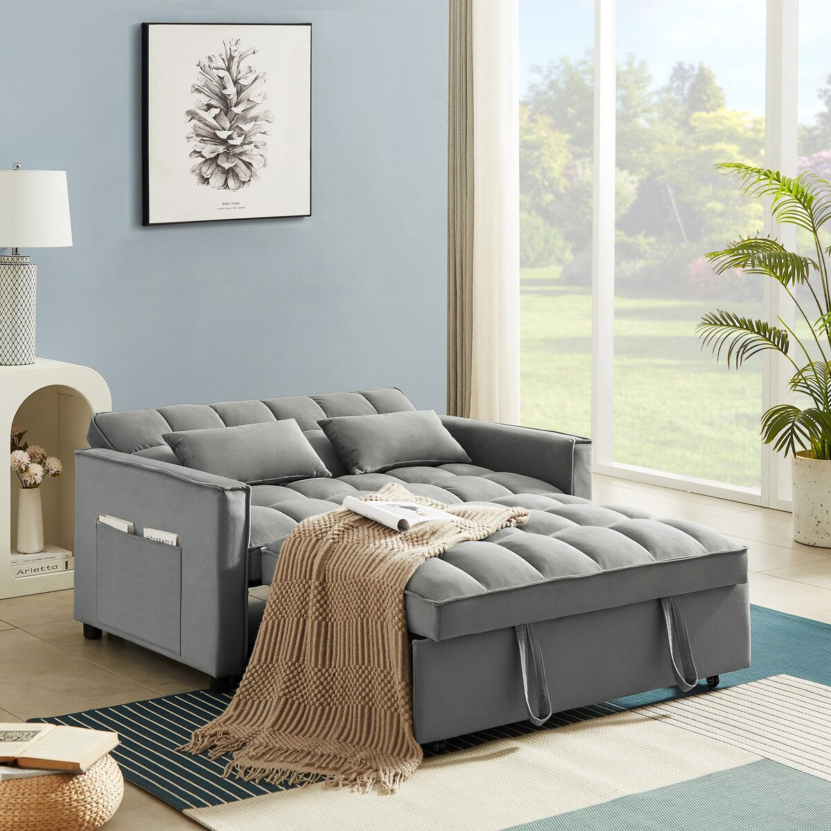 Velvet Convertible Loveseat Sleeper Sofa Couch,2 Seater Sofa With Pull-Out Bed with 2 Lumbar Pillows For Small Living Room
