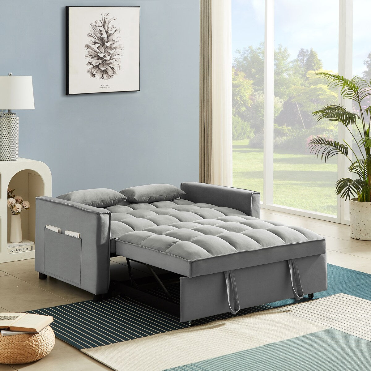 Velvet Convertible Loveseat Sleeper Sofa Couch,2 Seater Sofa With Pull-Out Bed with 2 Lumbar Pillows For Small Living Room