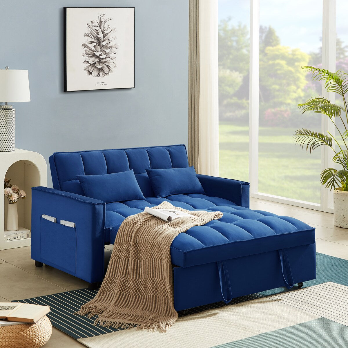 Velvet Convertible Loveseat Sleeper Sofa Couch,2 Seater Sofa With Pull-Out Bed with 2 Lumbar Pillows For Small Living Room