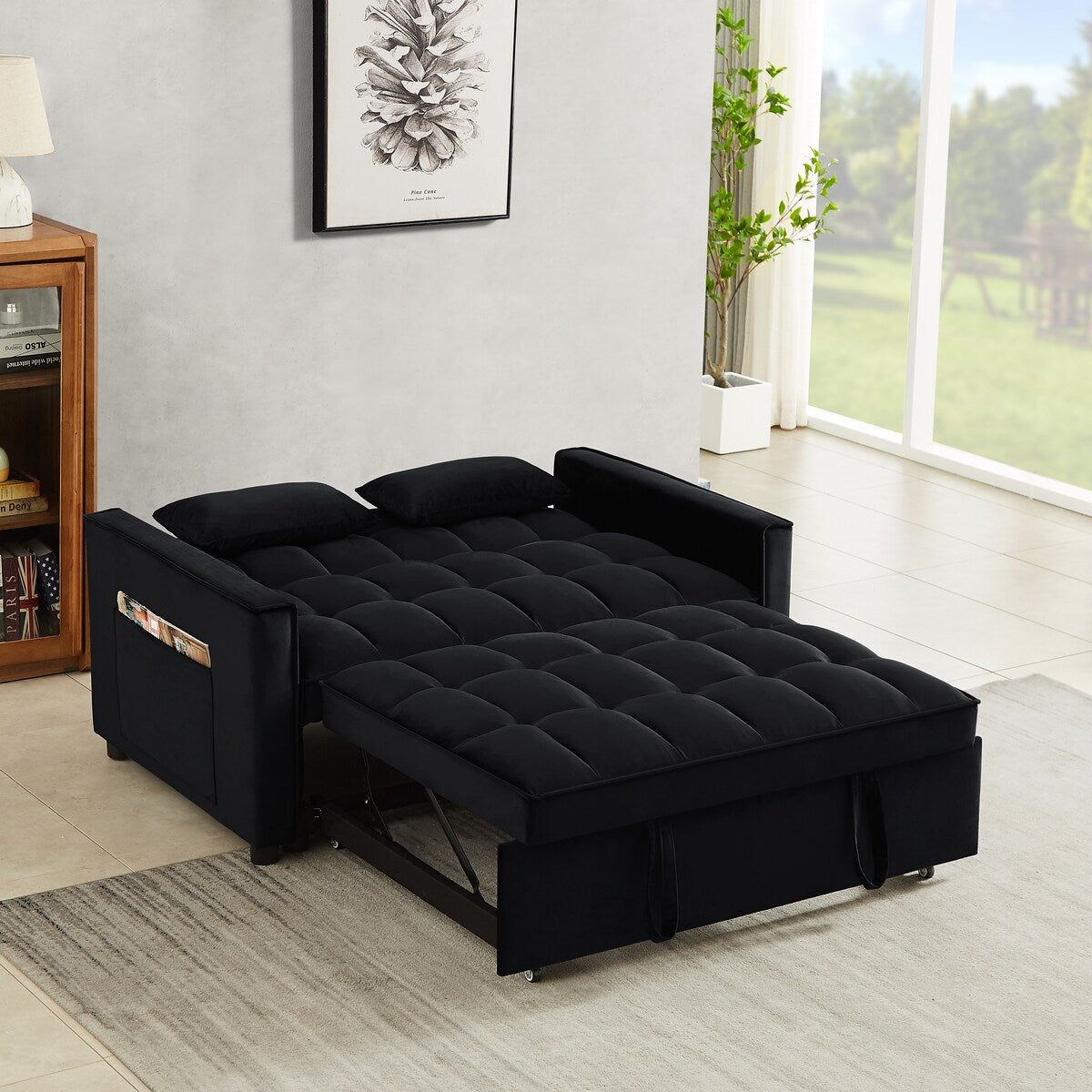 Velvet Convertible Loveseat Sleeper Sofa Couch,2 Seater Sofa With Pull-Out Bed with 2 Lumbar Pillows For Small Living Room