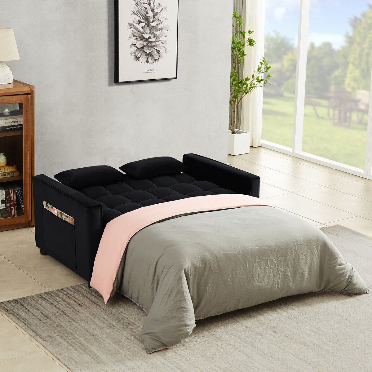 Velvet Convertible Loveseat Sleeper Sofa Couch,2 Seater Sofa With Pull-Out Bed with 2 Lumbar Pillows For Small Living Room