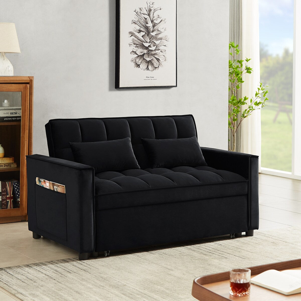Velvet Convertible Loveseat Sleeper Sofa Couch,2 Seater Sofa With Pull-Out Bed with 2 Lumbar Pillows For Small Living Room