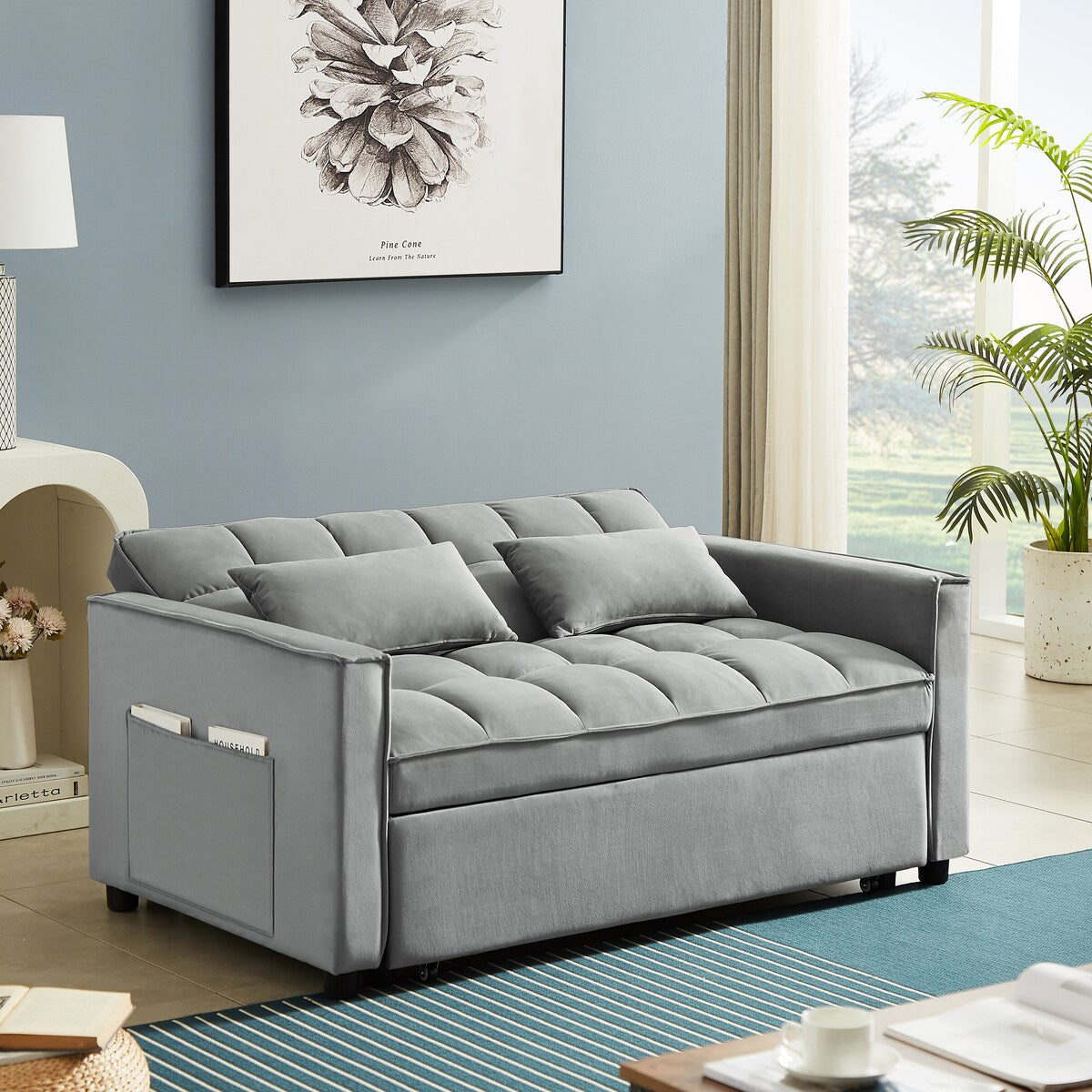 Velvet Convertible Loveseat Sleeper Sofa Couch,2 Seater Sofa With Pull-Out Bed with 2 Lumbar Pillows For Small Living Room