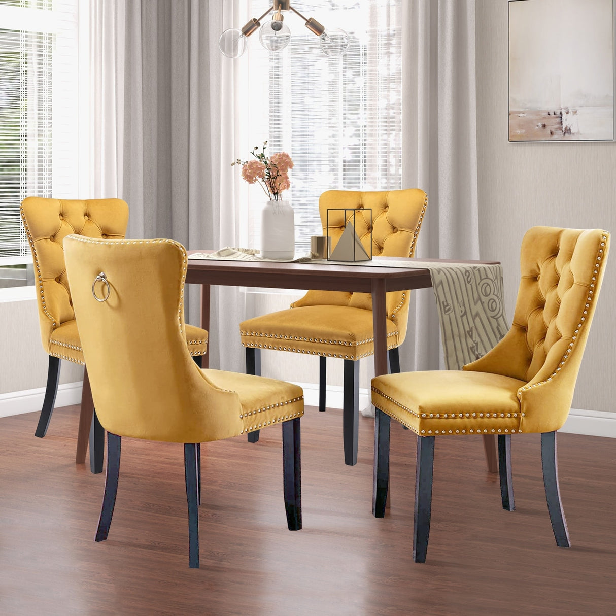 Velvet Dining Chairs Set of 2, Upholstered High-end Tufted Dining Room Chair with Nailhead Back Ring Pull Trim Solid Wood Legs