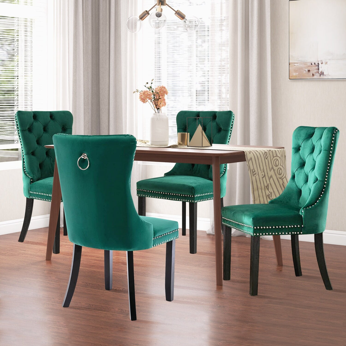 Velvet Dining Chairs Set of 2, Upholstered High-end Tufted Dining Room Chair with Nailhead Back Ring Pull Trim Solid Wood Legs