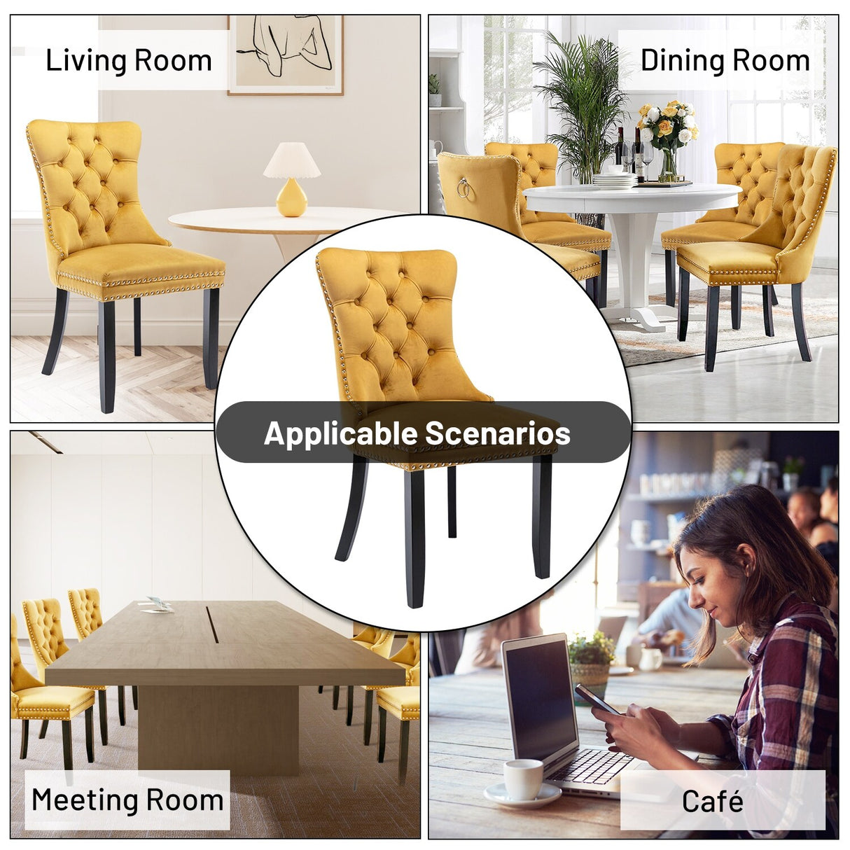 Velvet Dining Chairs Set of 2, Upholstered High-end Tufted Dining Room Chair with Nailhead Back Ring Pull Trim Solid Wood Legs