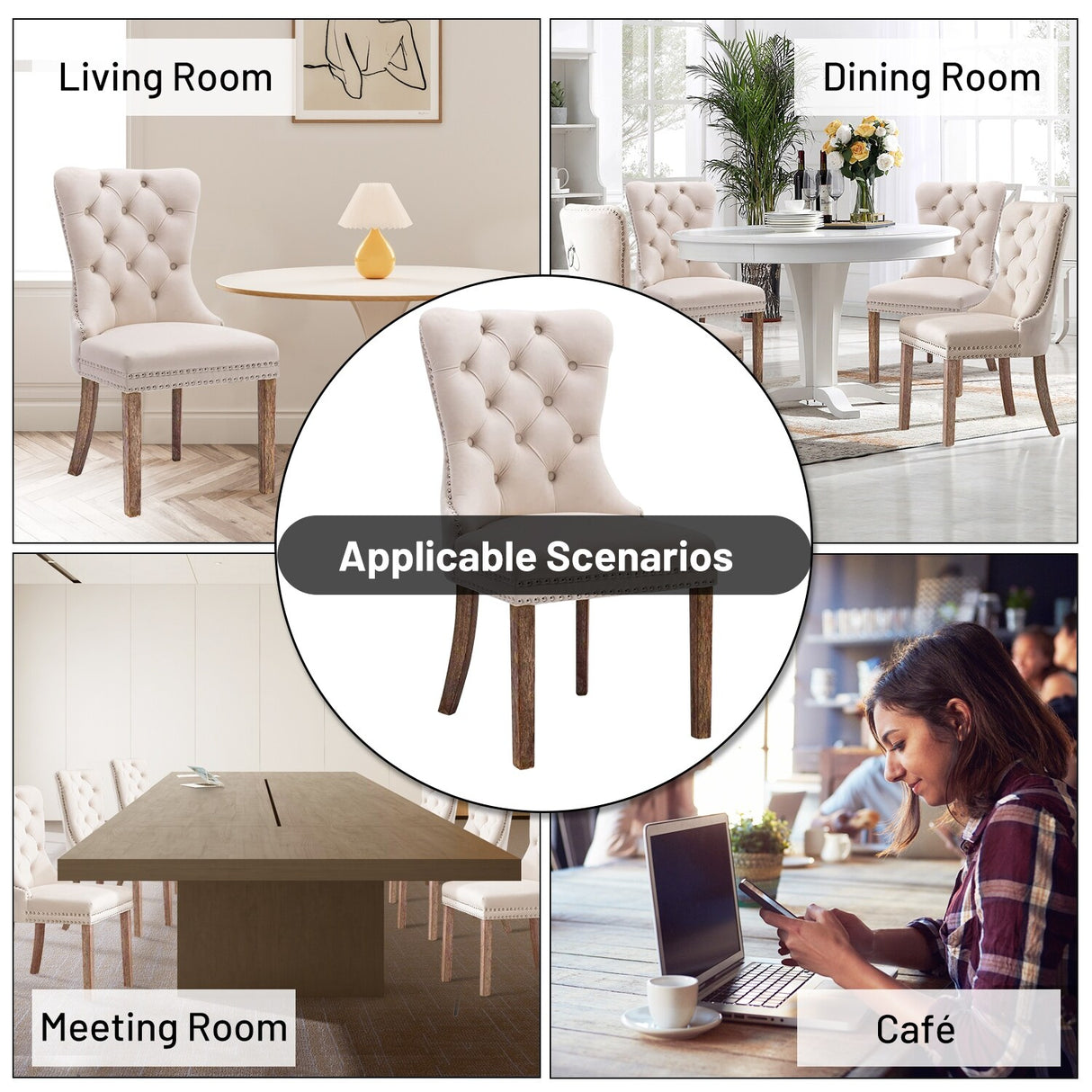 Velvet Dining Chairs Set of 2, Upholstered High-end Tufted Dining Room Chair with Nailhead Back Ring Pull Trim Solid Wood Legs