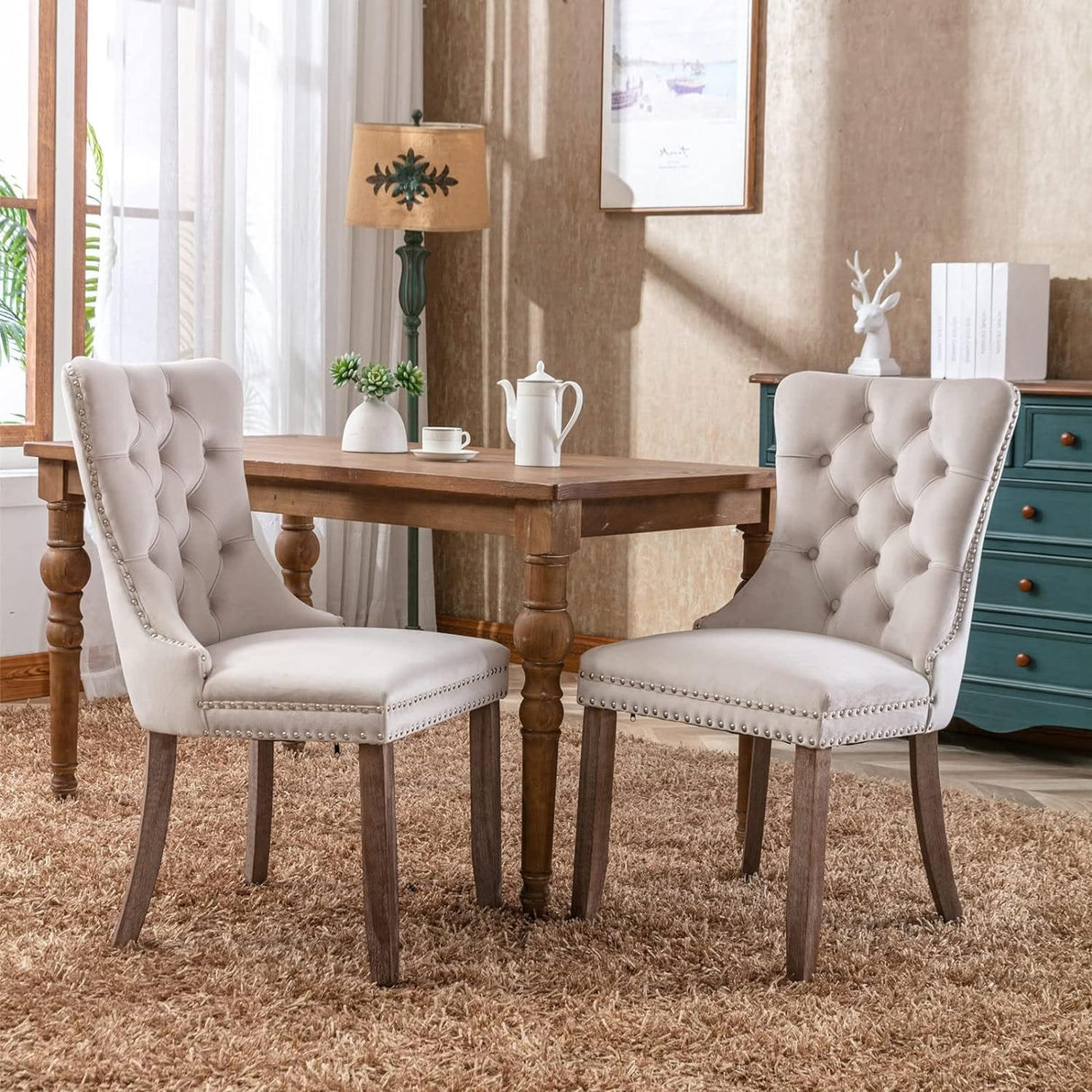 Velvet Dining Chairs Set of 2, Upholstered High-end Tufted Dining Room Chair with Nailhead Back Ring Pull Trim Solid Wood Legs
