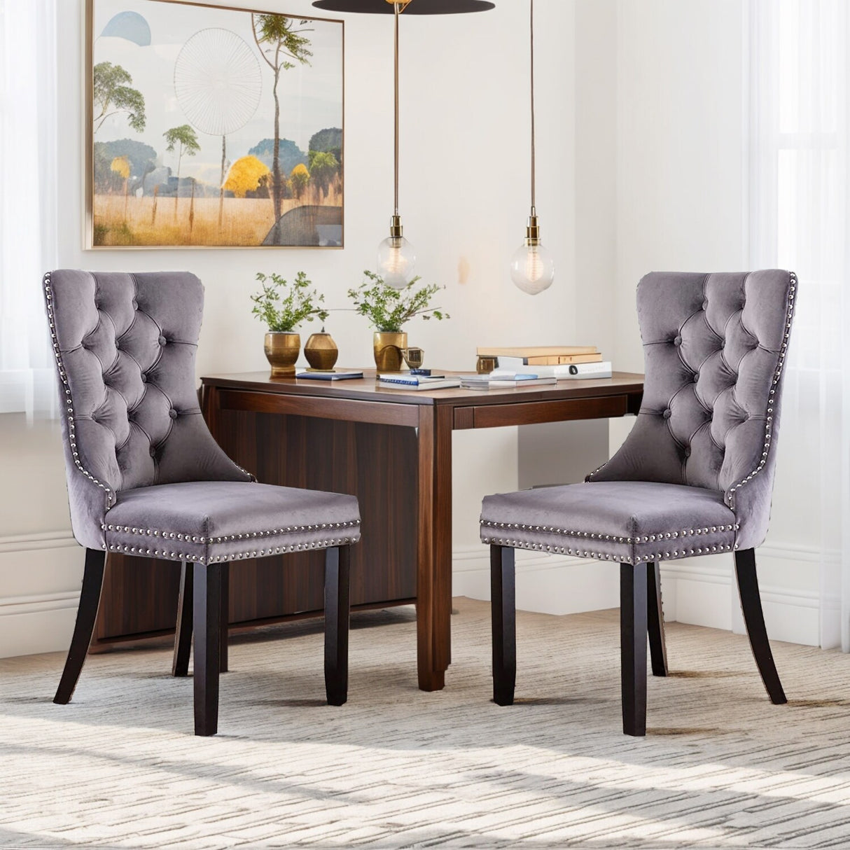 Velvet Dining Chairs Set of 2, Upholstered High-end Tufted Dining Room Chair with Nailhead Back Ring Pull Trim Solid Wood Legs