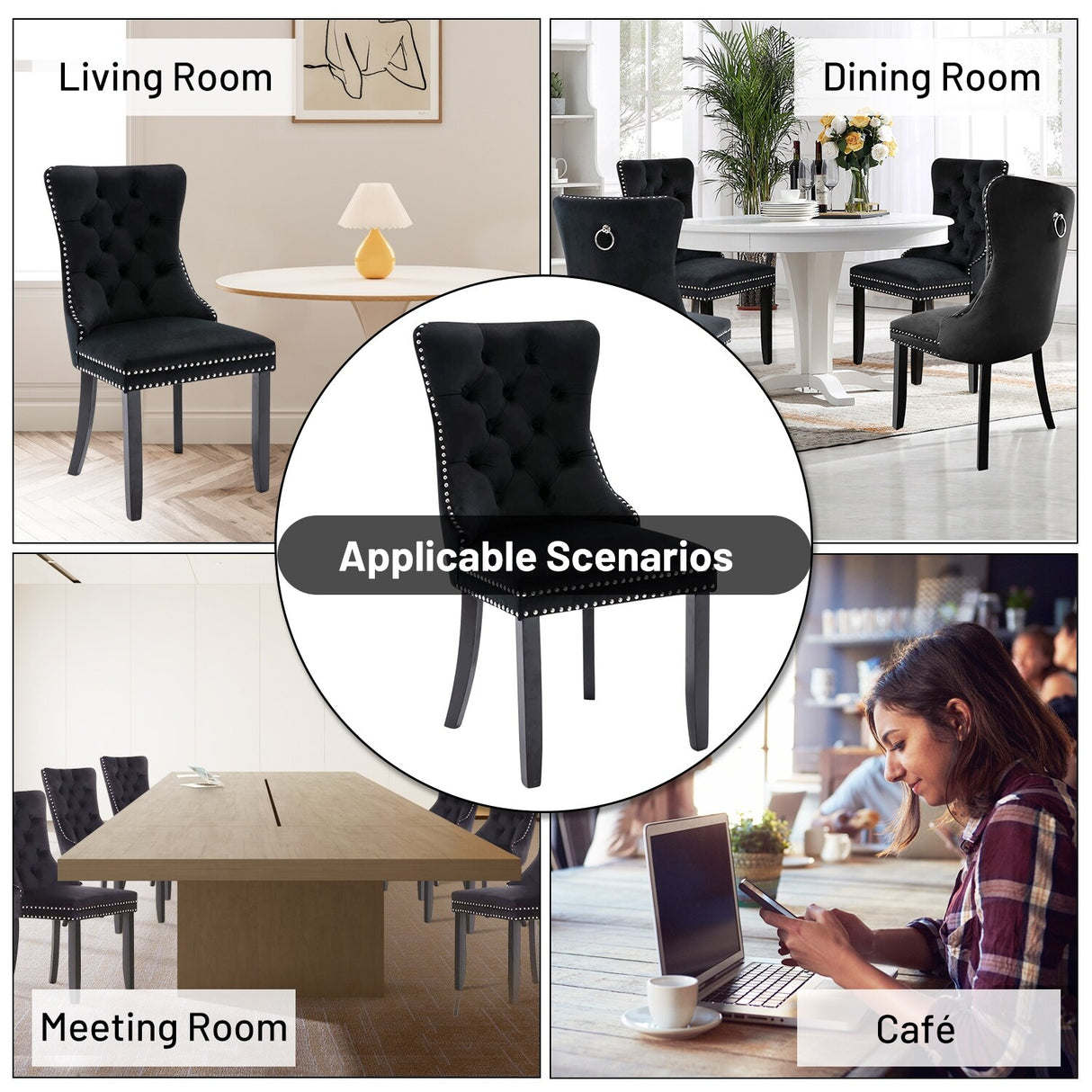 Velvet Dining Chairs Set of 2, Upholstered High-end Tufted Dining Room Chair with Nailhead Back Ring Pull Trim Solid Wood Legs