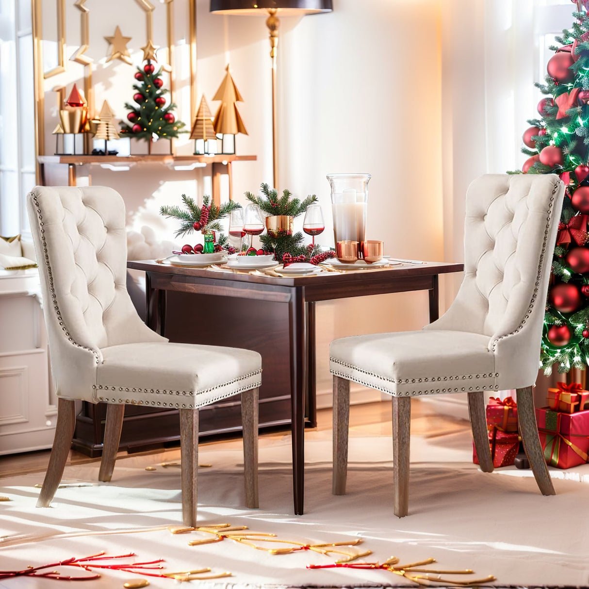 Velvet Dining Chairs Set of 2, Upholstered High-end Tufted Dining Room Chair with Nailhead Back Ring Pull Trim Solid Wood Legs