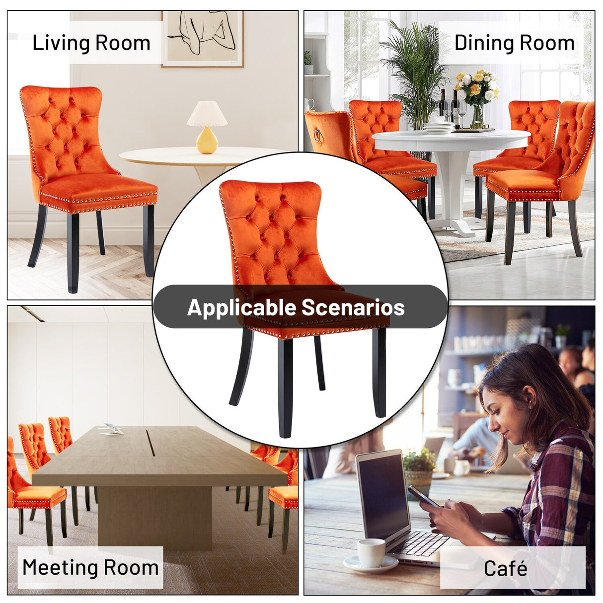 Velvet Dining Chairs Set of 2, Upholstered High-end Tufted Dining Room Chair with Nailhead Back Ring Pull Trim Solid Wood Legs