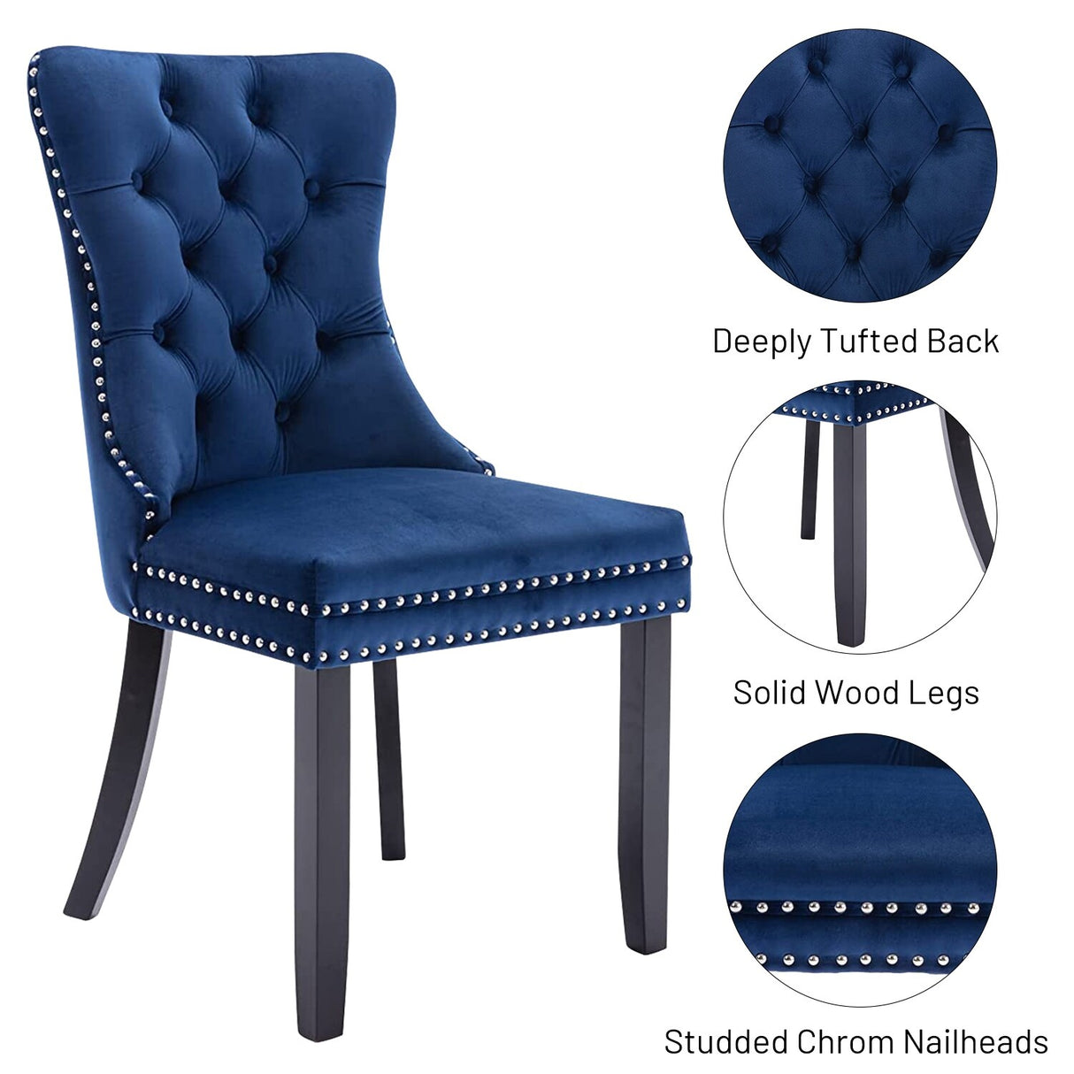 Velvet Dining Chairs Set of 2, Upholstered High-end Tufted Dining Room Chair with Nailhead Back Ring Pull Trim Solid Wood Legs
