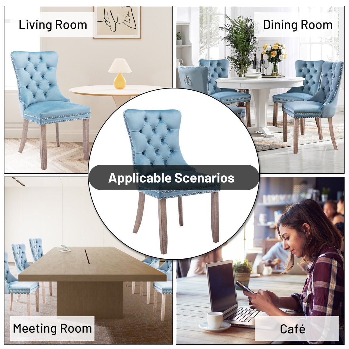 Velvet Dining Chairs Set of 2, Upholstered High-end Tufted Dining Room Chair with Nailhead Back Ring Pull Trim Solid Wood Legs