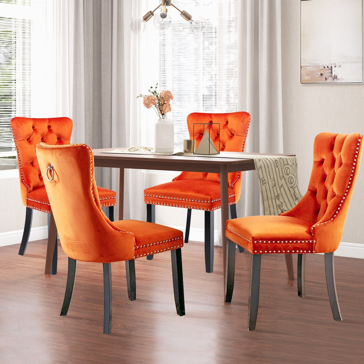 Velvet Dining Chairs Set of 2, Upholstered High-end Tufted Dining Room Chair with Nailhead Back Ring Pull Trim Solid Wood Legs