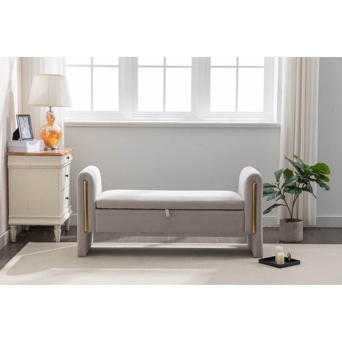 Velvet Fabric Storage Bench Bedroom Bench With Gold Metal Trim Strip For Living Room Bedroom Indoor