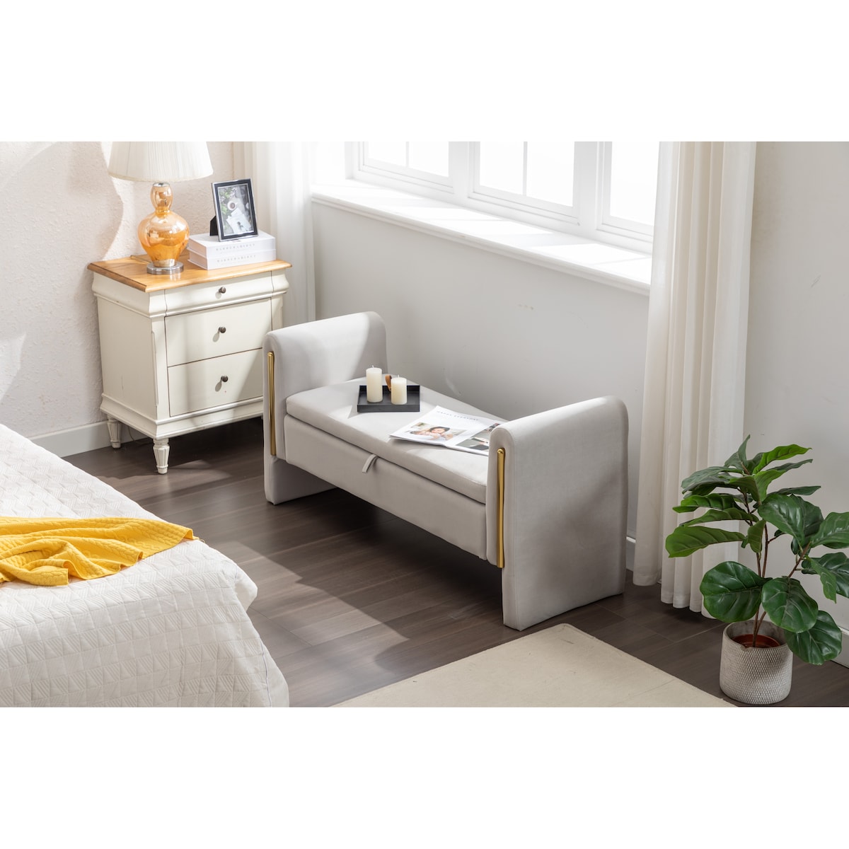 Velvet Fabric Storage Bench Bedroom Bench With Gold Metal Trim Strip For Living Room Bedroom Indoor