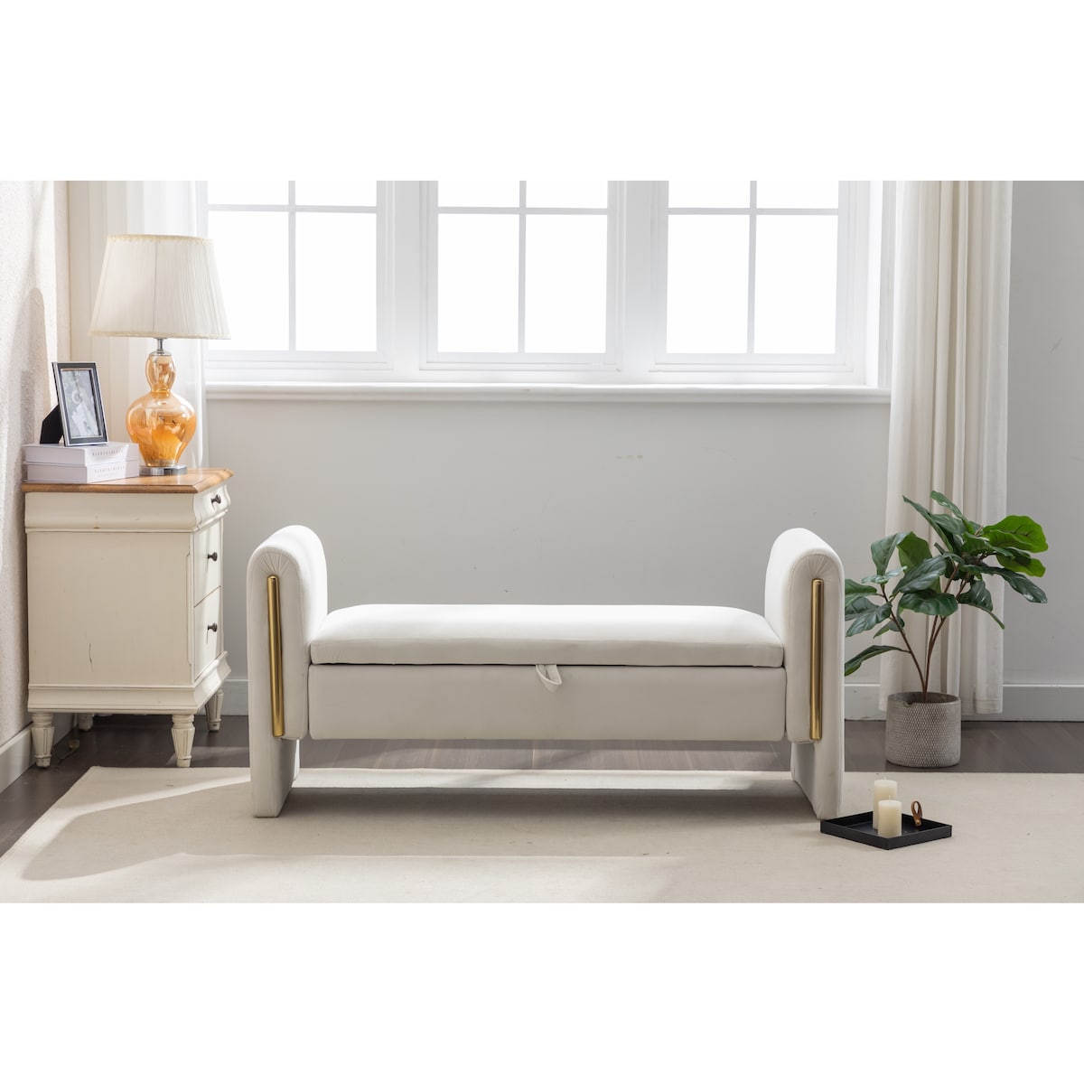 Velvet Fabric Storage Bench Bedroom Bench With Gold Metal Trim Strip For Living Room Bedroom Indoor