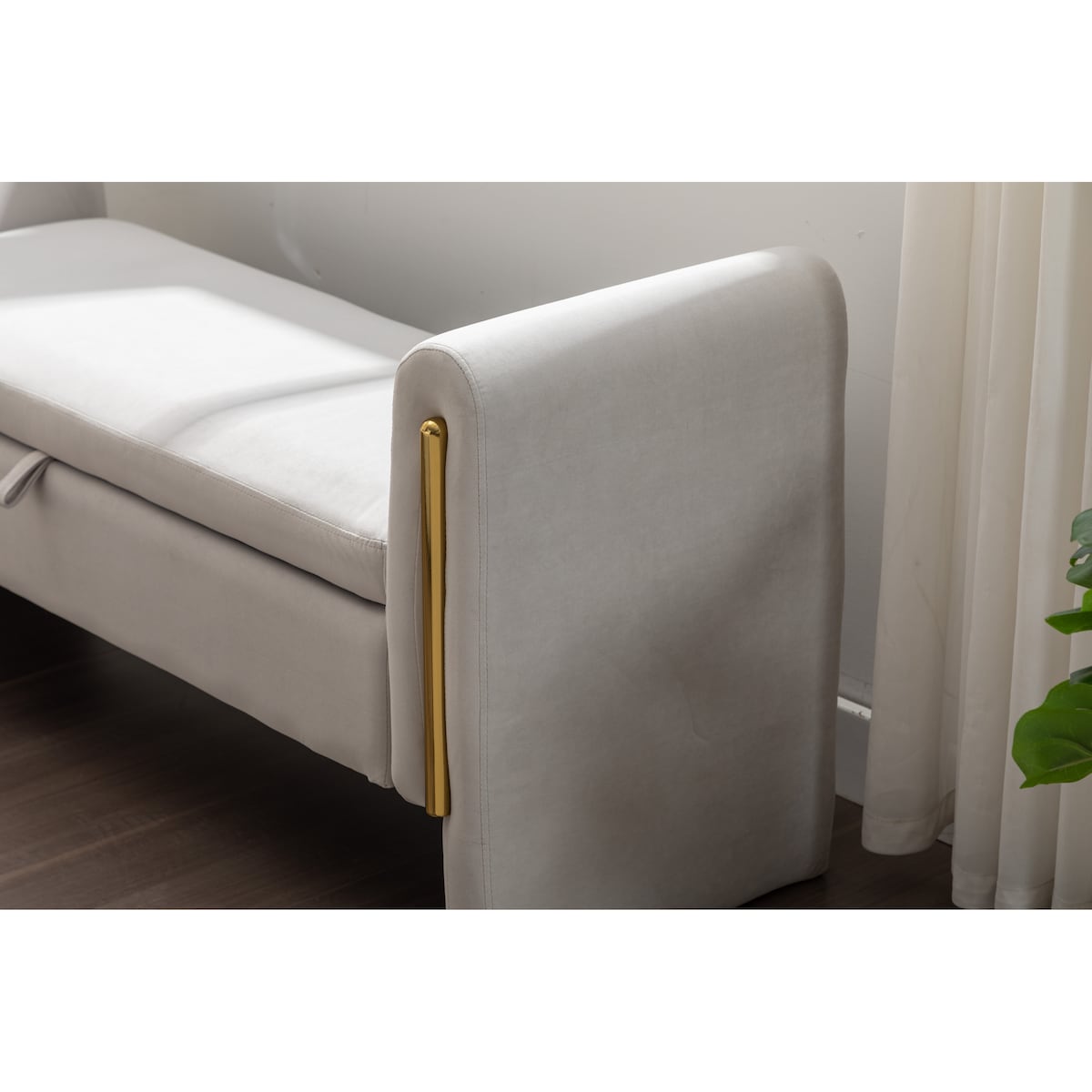 Velvet Fabric Storage Bench Bedroom Bench With Gold Metal Trim Strip For Living Room Bedroom Indoor