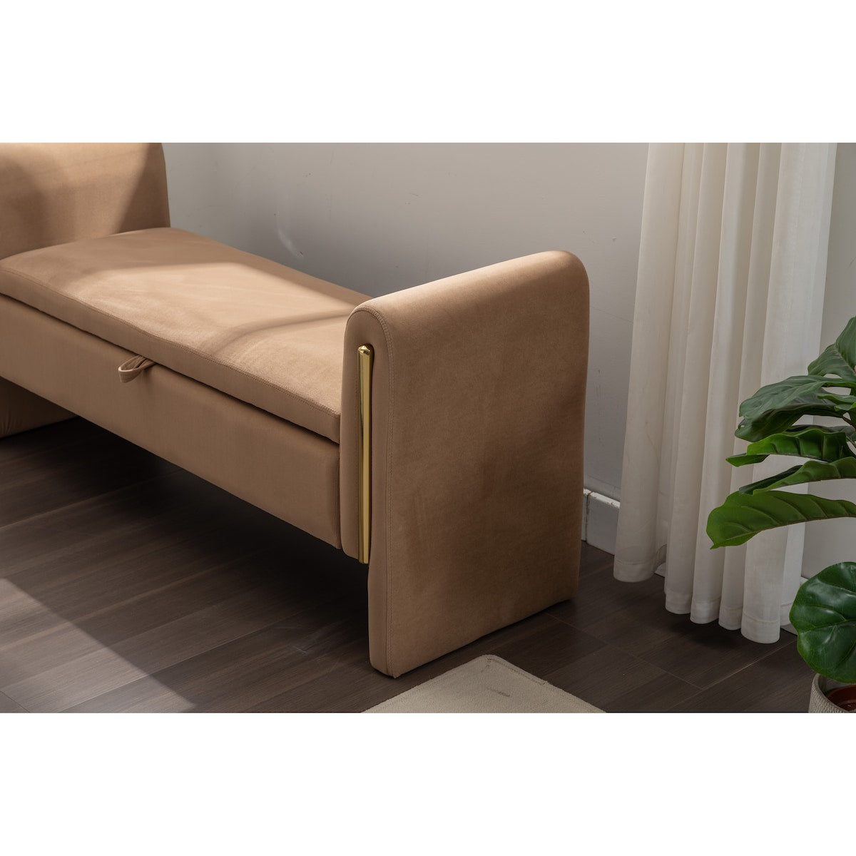 Velvet Fabric Storage Bench Bedroom Bench With Gold Metal Trim Strip For Living Room Bedroom Indoor